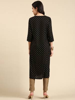 women's calf length round neck black floral straight kurta 5