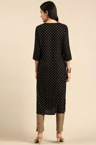 women's calf length round neck black floral straight kurta