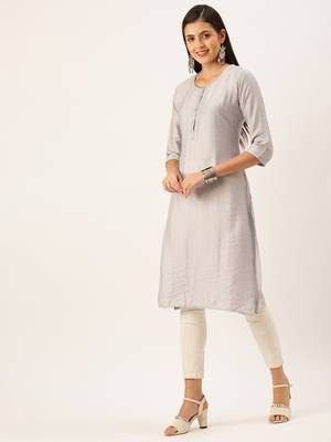 women's calf length round neck grey solid straight kurta 3