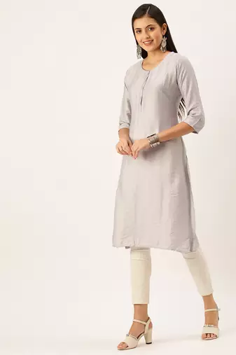 women's calf length round neck grey solid straight kurta
