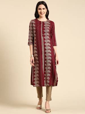 women's calf length round neck burgundy paisley straight kurta 1