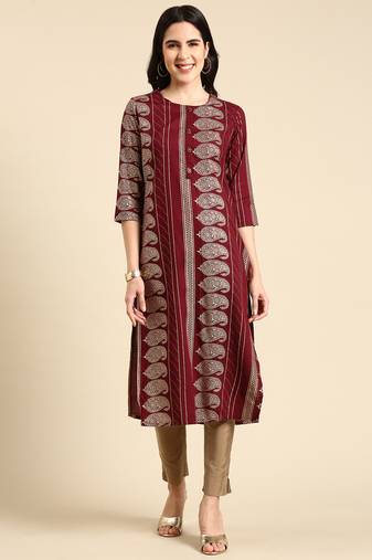women's calf length round neck burgundy paisley straight kurta