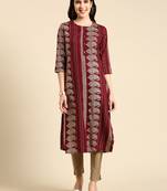 women's calf length round neck burgundy paisley straight kurta
