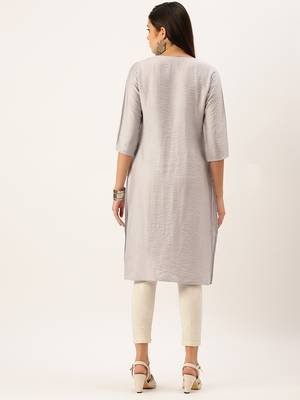 women's calf length round neck grey solid straight kurta 4