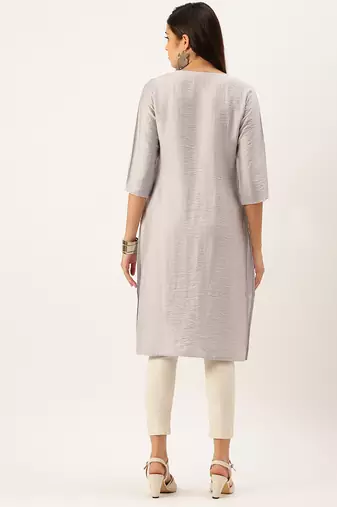women's calf length round neck grey solid straight kurta