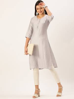women's calf length round neck grey solid straight kurta 5