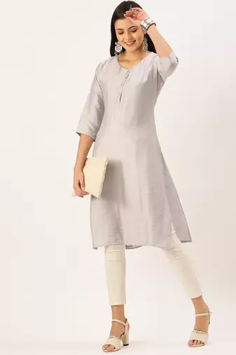 women's calf length round neck grey solid straight kurta