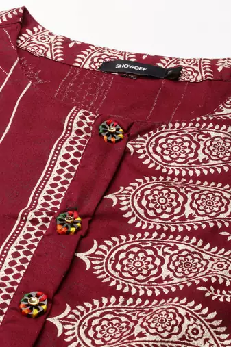 women's calf length round neck burgundy paisley straight kurta