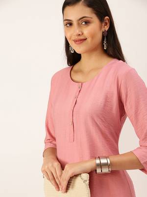 women's calf length round neck pink solid straight kurta 1