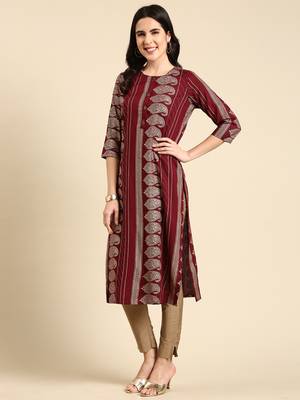 women's calf length round neck burgundy paisley straight kurta 4