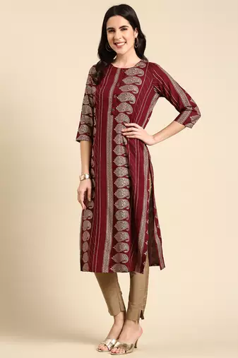women's calf length round neck burgundy paisley straight kurta