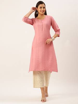 women's calf length round neck pink solid straight kurta 2