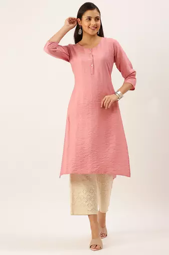 women's calf length round neck pink solid straight kurta