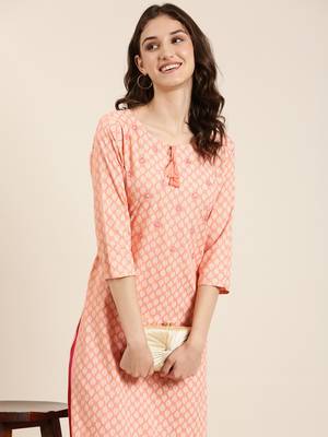 Showoff women's calf length tie-up neck peach ethnic motifs straight kurta 1