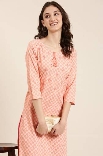 Showoff women's calf length tie-up neck peach ethnic motifs straight kurta