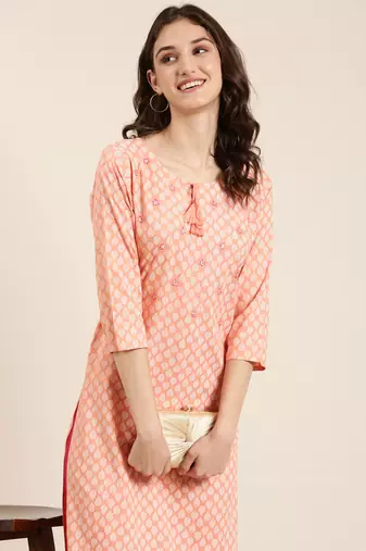 Showoff women's calf length tie-up neck peach ethnic motifs straight kurta