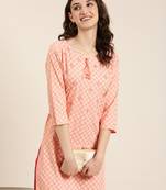 Showoff women's calf length tie-up neck peach ethnic motifs straight kurta