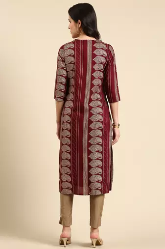 women's calf length round neck burgundy paisley straight kurta