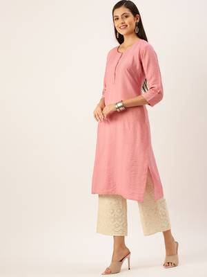 women's calf length round neck pink solid straight kurta 3