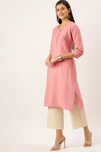 women's calf length round neck pink solid straight kurta