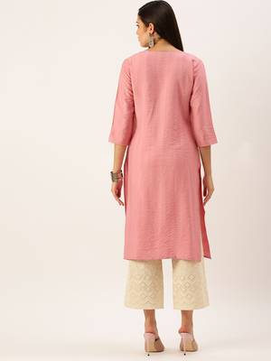 women's calf length round neck pink solid straight kurta 4