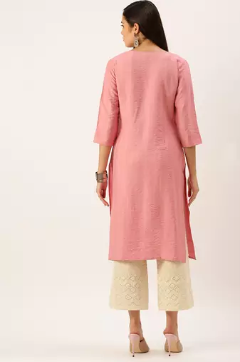 women's calf length round neck pink solid straight kurta