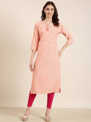 Showoff women's calf length tie-up neck peach ethnic motifs straight kurta 2