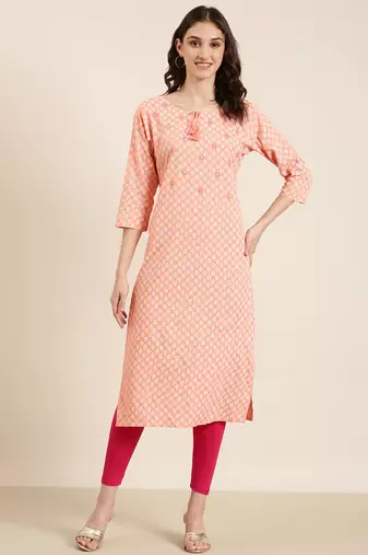 Showoff women's calf length tie-up neck peach ethnic motifs straight kurta
