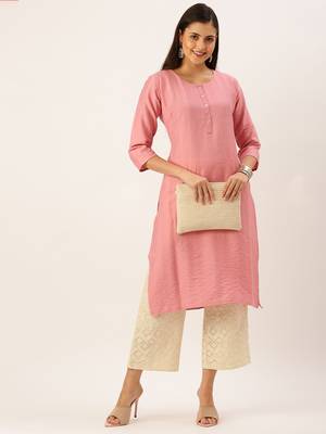 women's calf length round neck pink solid straight kurta 5