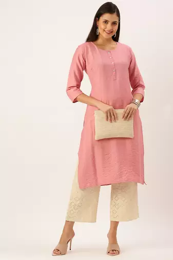 women's calf length round neck pink solid straight kurta