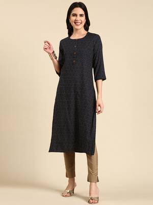 women's knee length scoop neck navy blue geometric straight kurta 1