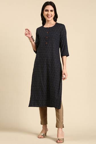 women's knee length scoop neck navy blue geometric straight kurta