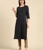 women's knee length scoop neck navy blue geometric straight kurta