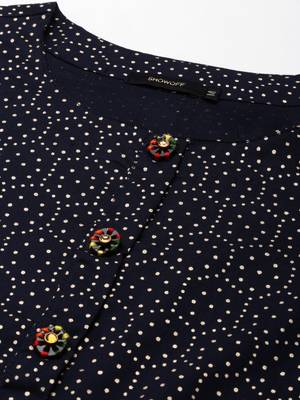 women's knee length scoop neck navy blue geometric straight kurta 3
