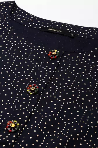 women's knee length scoop neck navy blue geometric straight kurta