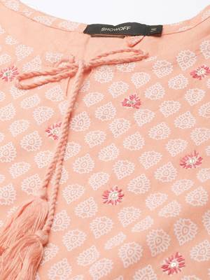 Showoff women's calf length tie-up neck peach ethnic motifs straight kurta 3