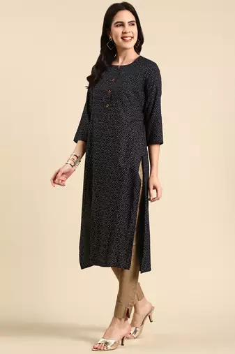 women's knee length scoop neck navy blue geometric straight kurta
