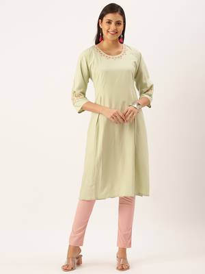 women's calf length round neck green solid straight kurta 2