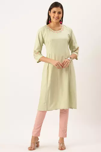 women's calf length round neck green solid straight kurta