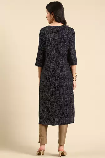 women's knee length scoop neck navy blue geometric straight kurta