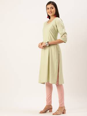 women's calf length round neck green solid straight kurta 3