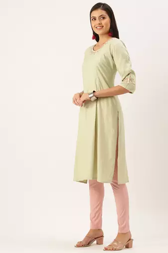 women's calf length round neck green solid straight kurta