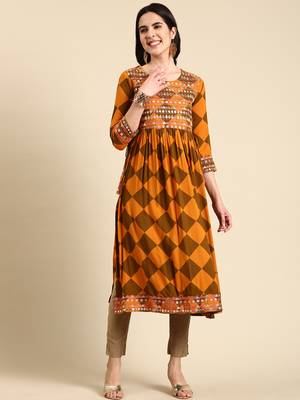 women's calf length scoop neck rust geometric anarkali kurta 1