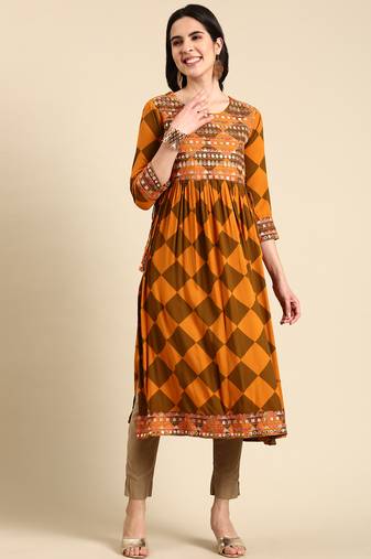 women's calf length scoop neck rust geometric anarkali kurta