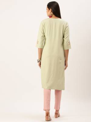 women's calf length round neck green solid straight kurta 4