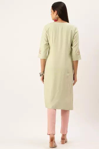 women's calf length round neck green solid straight kurta
