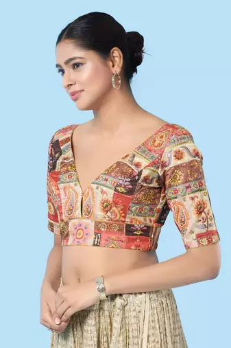 Padded Brocade V Neck Blouse