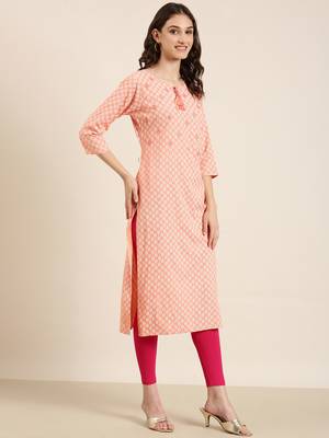 Showoff women's calf length tie-up neck peach ethnic motifs straight kurta 4
