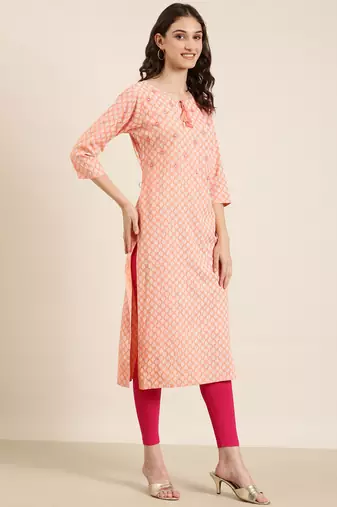 Showoff women's calf length tie-up neck peach ethnic motifs straight kurta