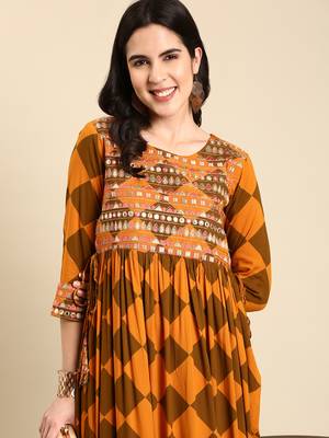 women's calf length scoop neck rust geometric anarkali kurta 2